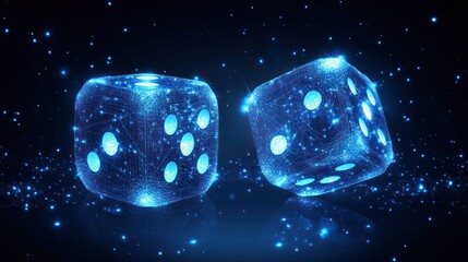 Glowing blue dice with network lines, dark background.