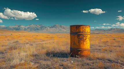 Obraz premium Rusty metal drum in vast, dry, mountainous landscape under a partly cloudy sky.