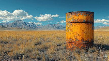Obraz premium Rusty metal barrel in arid landscape with mountains.
