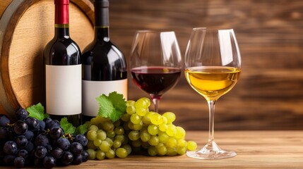 Fototapeta premium Elegant wine display featuring red and white bottle beside fresh grape and glasses on wooden table