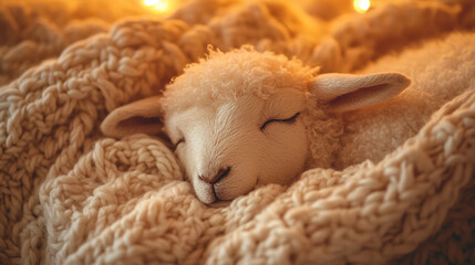 Naklejka premium Adorable baby lamb sleeping peacefully on golden straw, its soft wool illuminated by warm evening light in a rustic farm setting