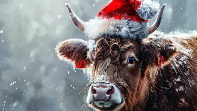 A cute, fluffy cow wears a Santa Claus hat while standing in the snow, creating a festive and heartwarming winter holiday scene.