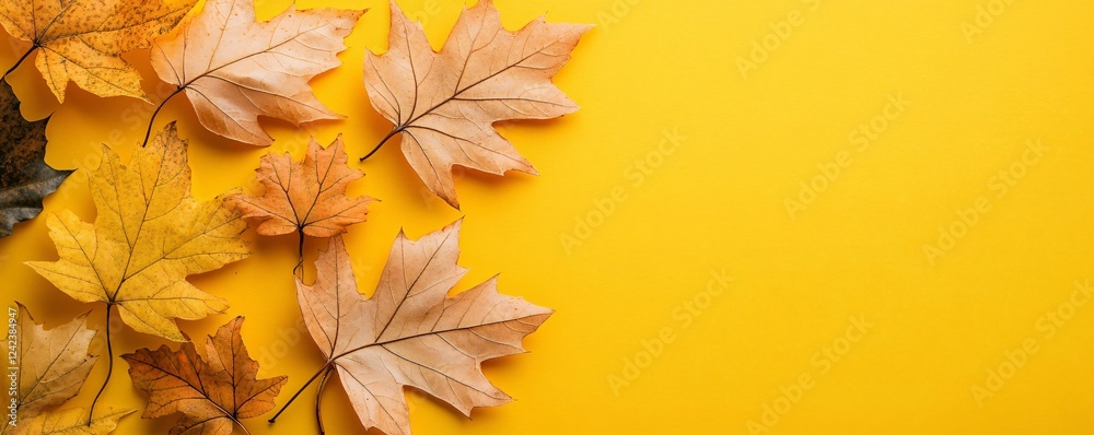 Poster simple arrangement of autumn maple leaves in vibrant fall colors against a yellow paper background w