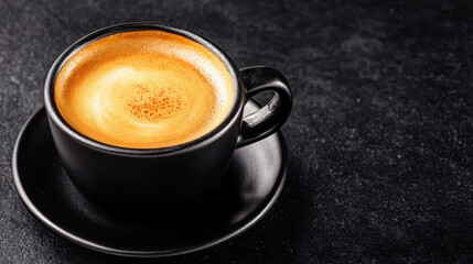 small cup of espresso with rich crema on dark surface
