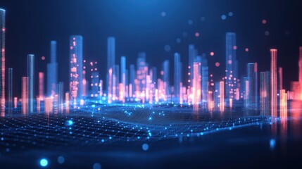 Futuristic cityscape with glowing digital network.