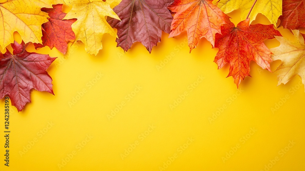 Poster vibrant arrangement of fall foliage creating a natural frame on a bright yellow backdrop