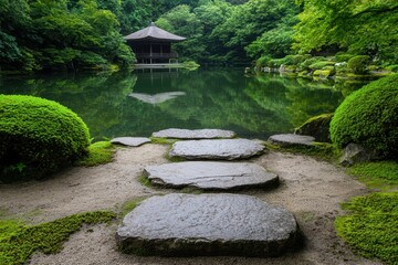 Stone path leading to a gazebo over a pond in a Japanese garden