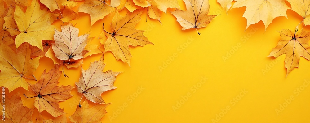 Poster maple leaves creating a border on a vibrant yellow backdrop