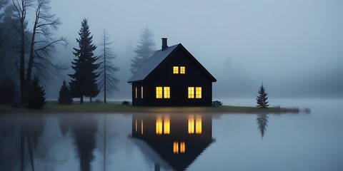 Fototapeta premium A minimalist black cabin with glowing windows, reflected perfectly in a foggy lake, creating a serene and mysterious landscape