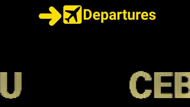 CEBU Airport Departures Animated LED Board with Black Background and Text. Suitable for digital signage projects, aviation-related commercials, travel service promotions, and airport-themed videos