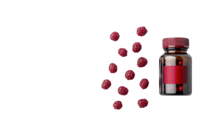 A clear bottle of vitamins with scattered red gummies, symbolizing health and wellness in nutrition.