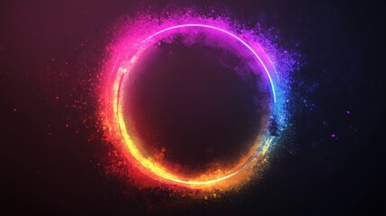 Glowing neon circle with vibrant particles.