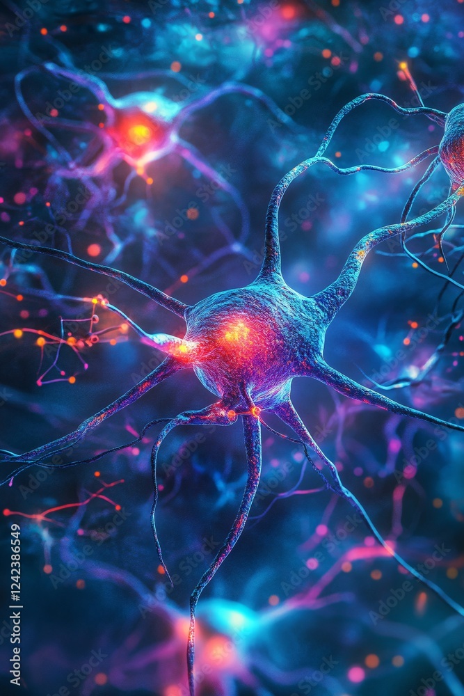 Poster 3d rendered illustration of a neuron sending signals through a neural network
