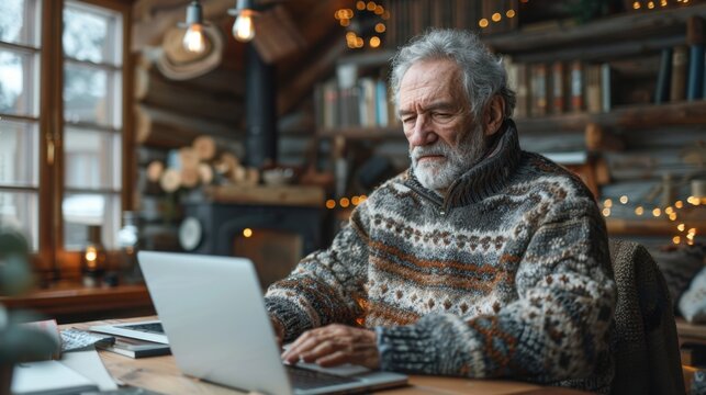 Elderly caucasian male in cozy cabin typing on laptop amidst warm winter decor - Powered by Adobe
