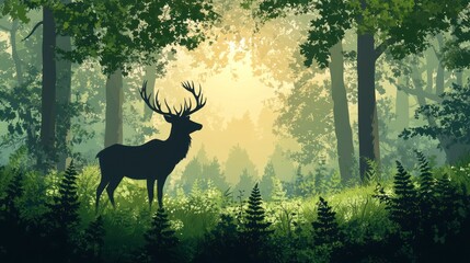 Fototapeta premium Majestic deer silhouetted in a sunlit forest clearing.