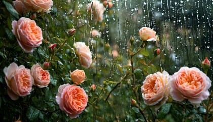 Gentle raindrops falling on fully bloomed peach roses, highlighting delicate petals and garden's serene moisture laden atmosphere