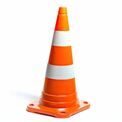 A bright orange traffic cone with white stripes, used for road safety and traffic management. isolated on white background