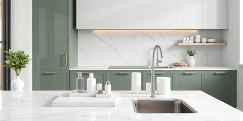 Fototapeta premium Beautiful dark sage green kitchen room background with white marble tabletop for product display, silver sink details, minimal elegant trendy design, tabletop, product display, trendy