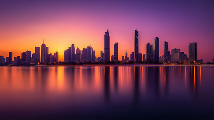 Obraz premium Bangkok skyline view at sunset, skyscrapers gleaming in golden light, Chao Phraya River winding through the city with boats passing by, Ai generated images