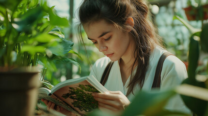 A female biologist examining a plant under a magnifying glass, surrounded by lush greenery in a bright, sunlit greenhouse, her focus sharp as she takes notes