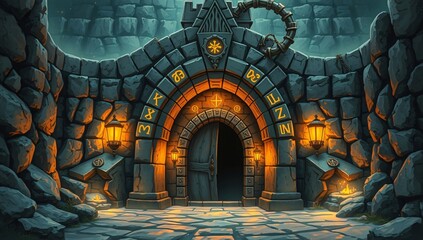 Obraz premium Dwarven Stronghold Entrance with Glowing Runes – A stone doorway, etched with glowing runes, leading to the hidden treasure in an ancient Dwarven fortress