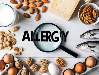 Magnifying glass highlighting "Allergy" surrounded by top allergens like nuts, dairy, fish, and eggs, symbolizing dietary intolerance, food safety, and allergic health risks

