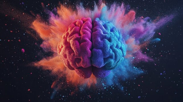 Colorful brain exploding in vibrant powder. Illustrates creativity, innovation, and powerful ideas.