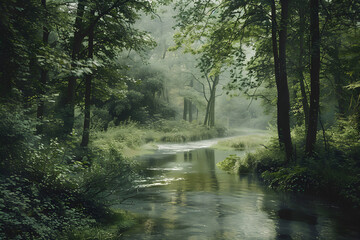 Obraz premium Peaceful Natural Landscape with Lush Forest and Gently Flowing River at Dawn or Dusk