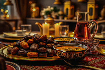 Obraz premium Traditional iftar dishes beautifully arranged on a lavishly decorated table.