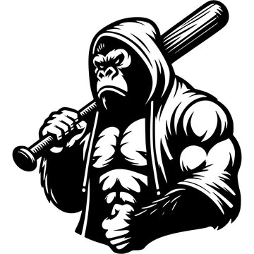 Tattoo of gorilla in hoodie with baseball bat in his hand in monochrome. Criminal street fighter. Engraving minimalistic vector in black ink drawing on transparent background