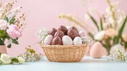 A wicker basket filled with delicious chocolate Easter eggs, nestled among soft spring flowers. The scene is warm and inviting, with the rich brown of the chocolate