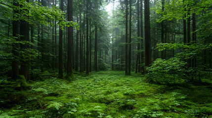 Obraz premium Misty forest path, lush ferns, tranquil nature, background of tall trees, perfect for nature documentaries