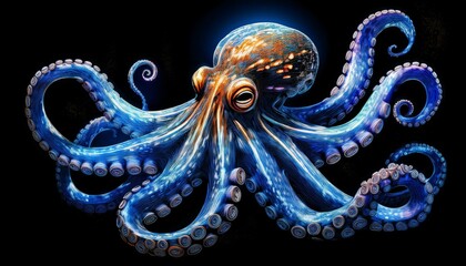 Fototapeta premium Blue ringed Octopus on a black background