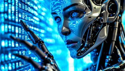 Humanoid robot processing binary data on holographic display, highlighting machine learning capabilities and technological innovation in artificial intelligence research