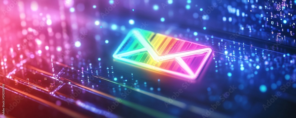 Poster Glowing neon rainbow envelope on circuit board representing online communication with data