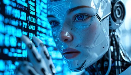 Robotic android with glowing blue eyes scanning complex digital code, touching holographic interface in high tech laboratory setting