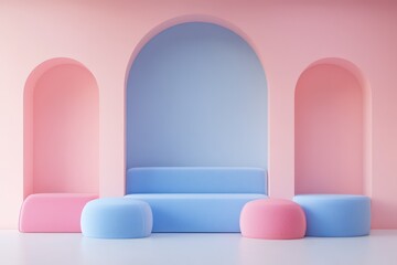 3d rendered modern and minimalist living room. the wall is pink. blue and pink ornament. natural light. pastel color. matte finish look