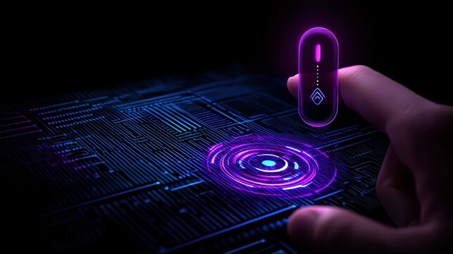 Hand activating fingerprint scanner on complex circuit board, biometric security concept