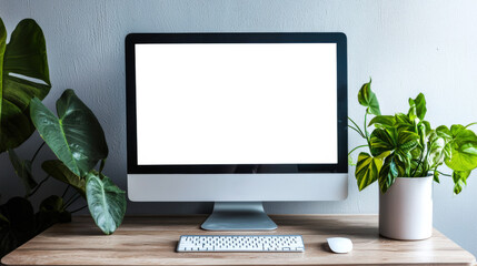 A mockup of a computer monitor in a stylish minimalist room with green potted plants. A computer with a white blank screen stands on a table with a wireless keyboard and mouse