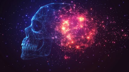 Obraz premium Glowing skull with interconnected nodes representing the brain against a dark, starry background.