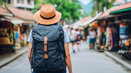 Young traveler with a straw hat exploring a vibrant market street while carrying a stylish backpack under the bright sun in a tropical location