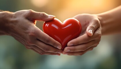 Obraz premium Two hands gently hold a red heart symbol
