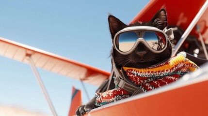 Adventurous Black Cat Pilot in Biplane