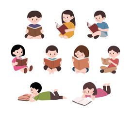 Children studying and reading illustration set