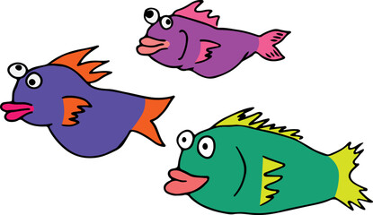 three funny happy colorful fish swim next to each other