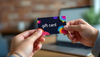 Two Hands Sharing a Colorful Gift Card