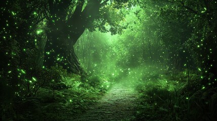 Obraz premium Enchanted Forest Pathway Bathed in Emerald Green Light and Glow