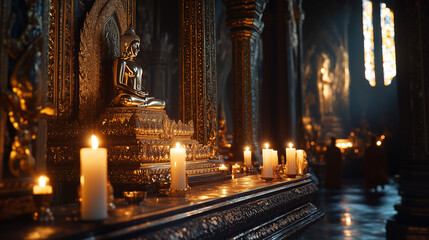 Fototapeta premium The magnificent Wat Phra Kaew, The Emerald Buddha statue shines inside the temple decorated with gold and jewels, Ai generated images