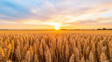 Naklejka premium Vibrant Sunset Over Sweeping Golden Fields of Wheat Landscape