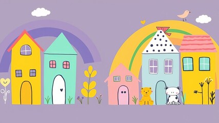 Hand-drawn baby shower collection with houses, clothes, animals, decor elements, and rainbow doodles perfect for children's party prints and greeting cards, baby shower, houses, decor